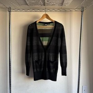 Vintage DC Shoes Y2K Preppy Skater Black Green Striped Wool Cardigan Sweater